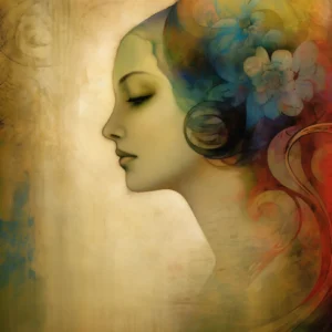 Femme aux fleurs bleues, peinture créée par IA (intelligence artificielle)
