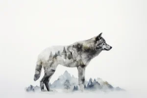 Loup des neiges, aquarelle créée par IA (intelligence artificielle)