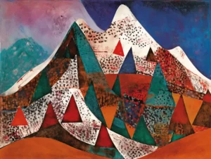 Montagne au printemps, peinture expressionniste créée par IA (intelligence artificielle)