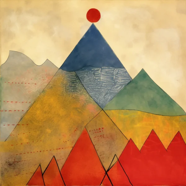 Montagne et soleil, tableau expressionniste créée par IA (intelligence artificielle)