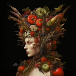 Portrait aux fruits IV, peinture créée par IA (intelligence artificielle)