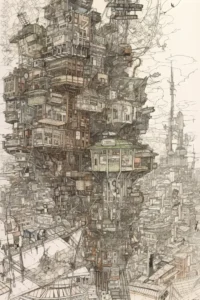 Ville futuriste IV, aquarelle créée par IA (intelligence artificielle)