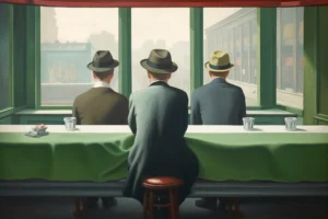 Hommes aux chapeaux, tableau coloré en vente sur la galerie d'art en ligne