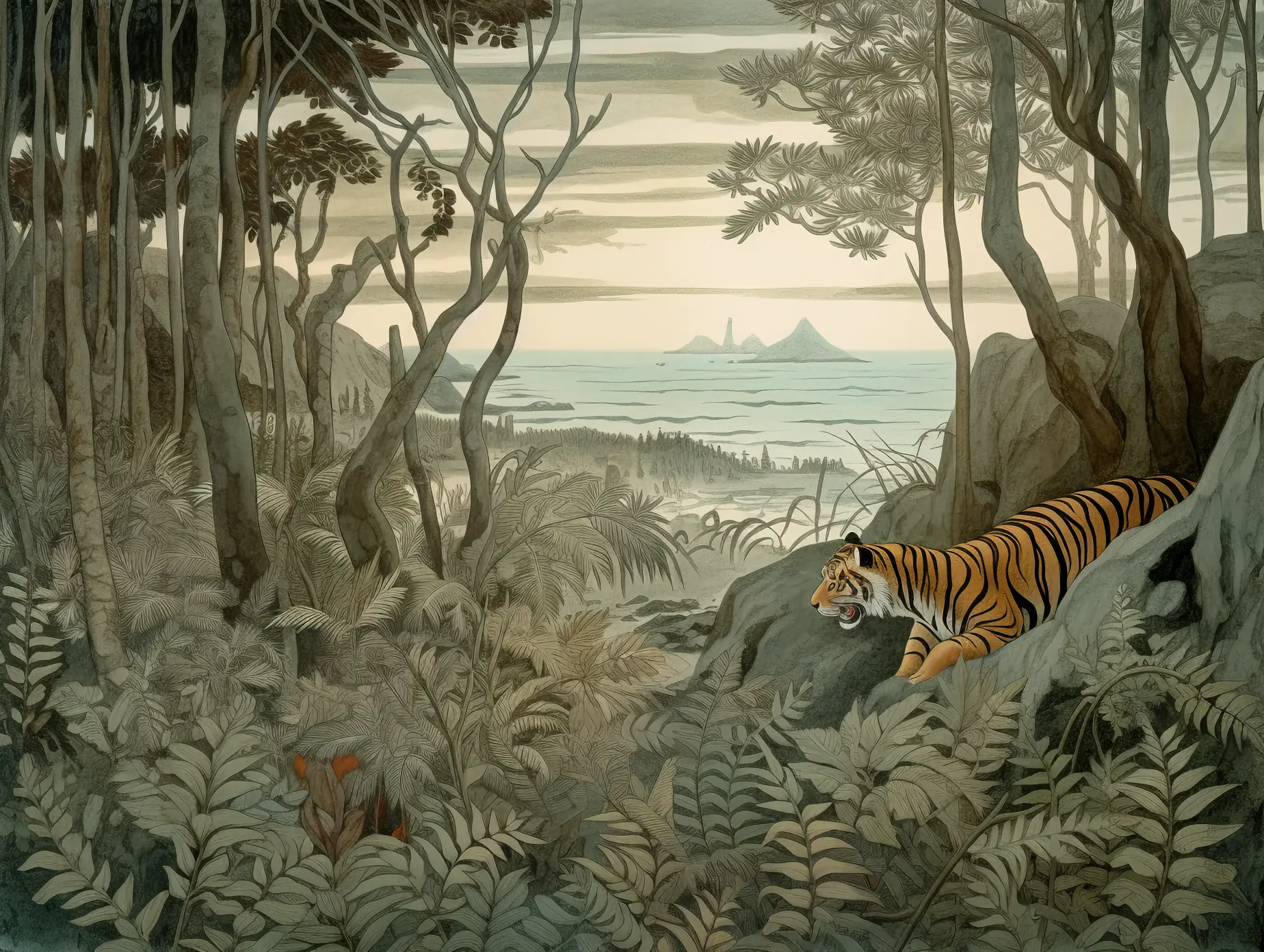 Tigre dans une forêt tropicale, aquarelle en vente sur la galerie d'art en ligne