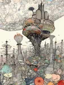 Ville futuriste V, aquarelle en vente sur la galerie d'art en ligne