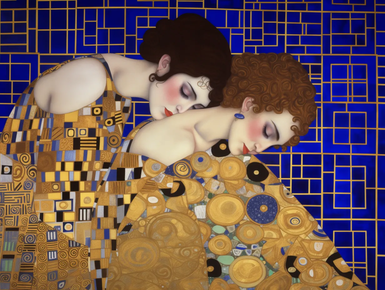 Femmes enlacées, peinture revisitée en vente sur la galerie d'art en ligne