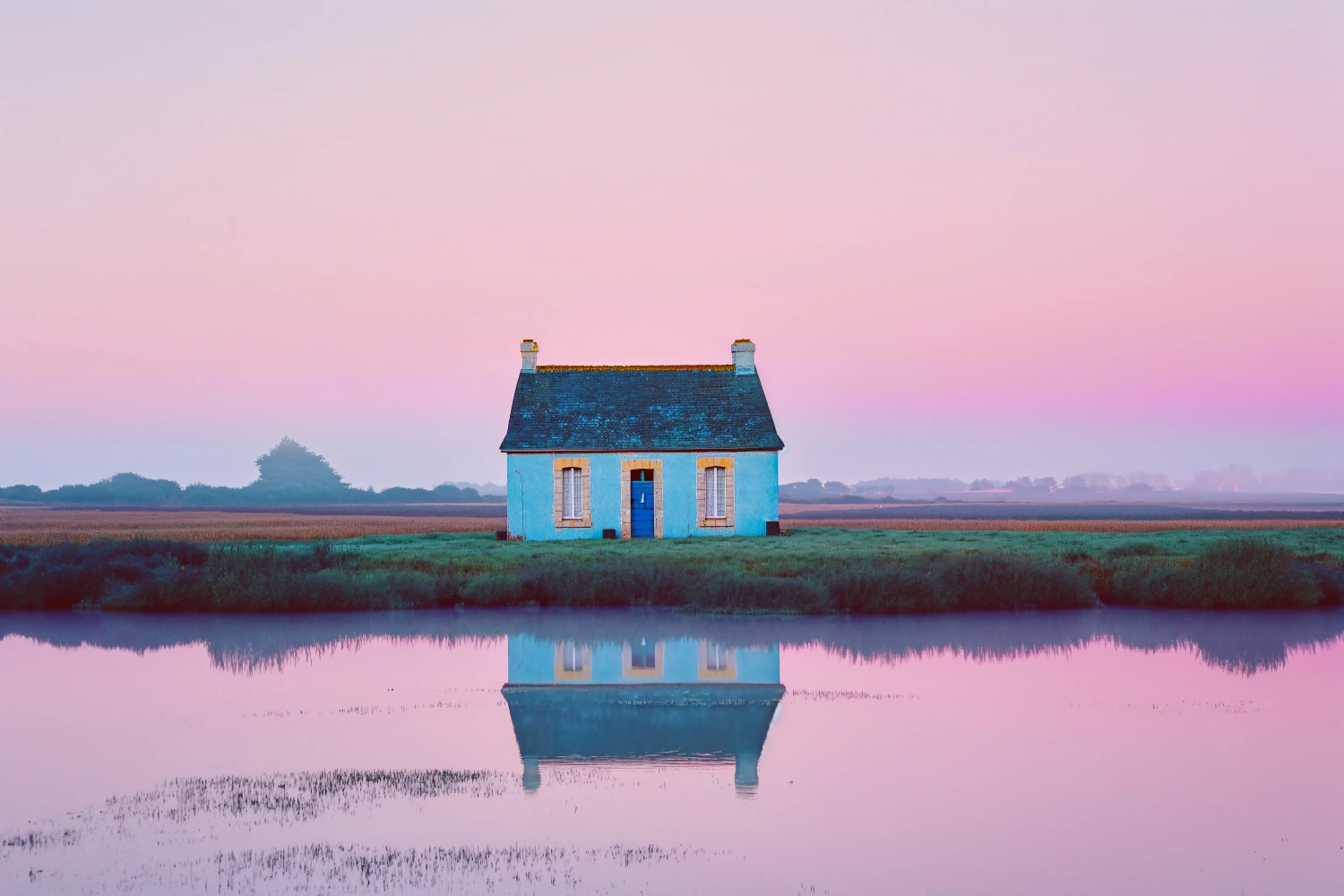 Maison bleue, Bretagne, photographie d'art inspiré de Ed Freeman et Yann Arthus-Bertrand