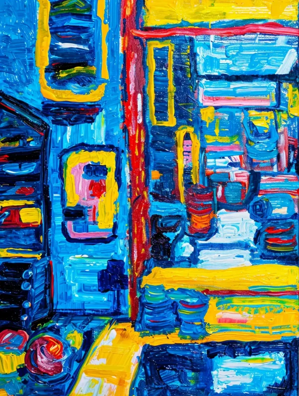 Rythme du jeu, tableau abstrait coloré inspiré de Wassily Kandinsky et Piet Mondrian