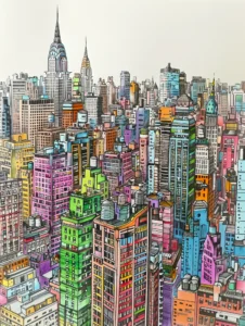 Couleur New York, illustration colorée inspiré de Fernand Léger et François Schuiten