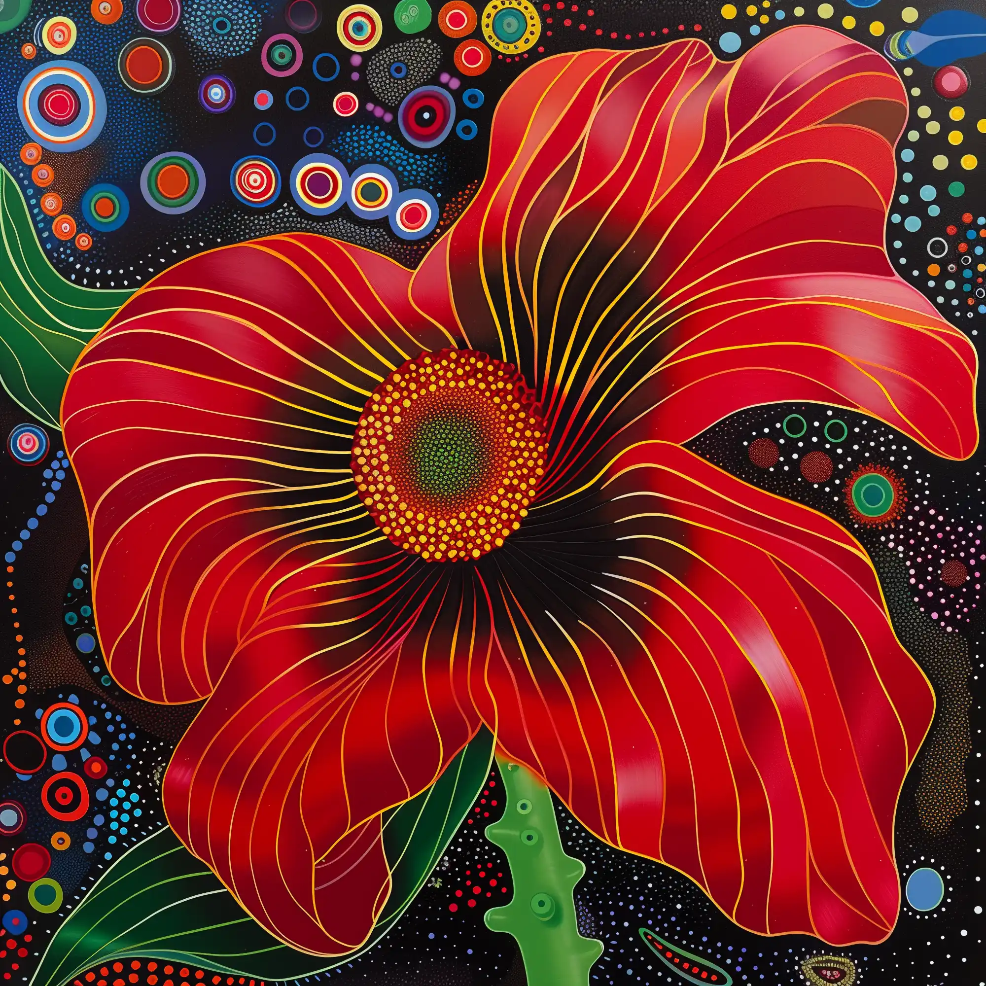 Coquelicot sur fond noir, peinture florale multicolore inspiré de Yayoi Kusama et Georgia O'Keeffe