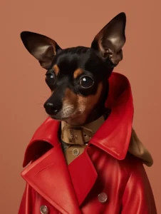 Le pinscher amusé, portrait de chien habillé inspiré de William Wegman et Rosa Bonheur