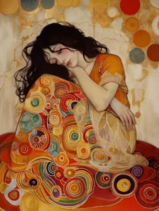 Portrait de femme assise, portrait de femme art nouveau inspiré de Gustav Klimt et Odilon Redon