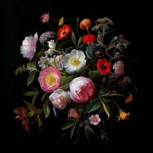 Clair obscur floral, peinture de fleurs inspiré de Pieter Bruegel l'Ancien et Jan Davidsz de Heem