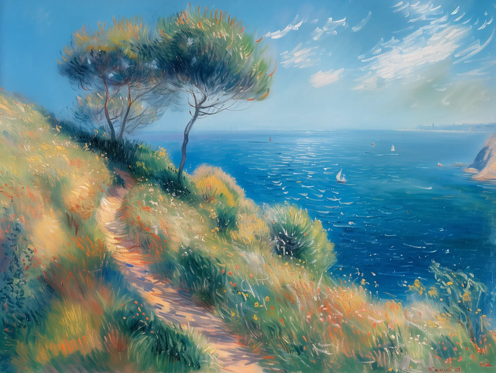 La côte, près d'Antibes, marine inspiré de Vincent Van Gogh et Claude Monet