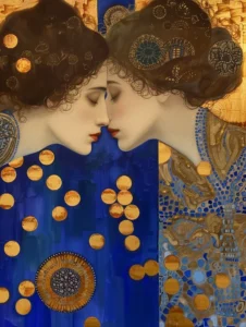 Le baiser, peinture art nouveau inspiré de Gustav Klimt et Egon Schiele