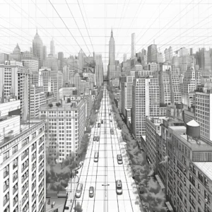 Perspective urbaine, dessin de paysage urbain inspiré de Moebius et François Schuiten