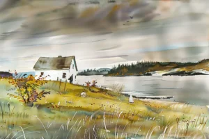 La maison au bord du lac, paysage aquarelle inspiré de Andrew Wyeth et Winslow Homer