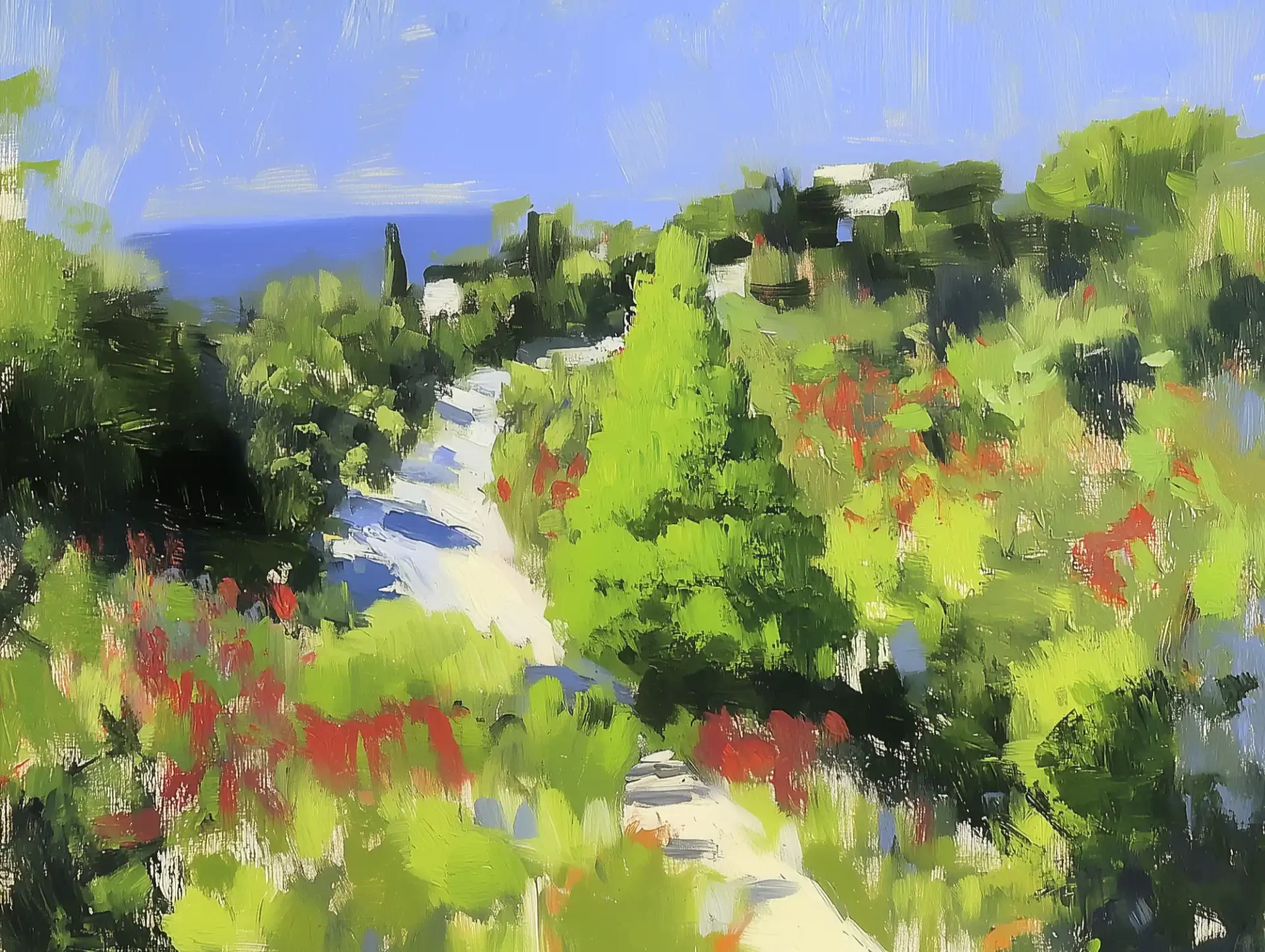 Chemin provençal, paysage estival coloré inspiré de Vincent Van Gogh et David Hockney