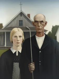 American golfic, affiche de golf humoristique inspiré de Grant Wood et René Magritte