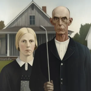 American golfic, affiche de golf humoristique inspiré de Grant Wood et René Magritte