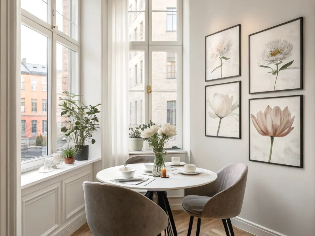 Salle à manger décorée avec un tableau floral