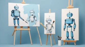 Robots artistes sur fond bleu