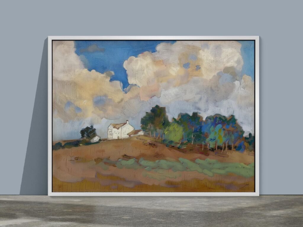 La maison blanche aux arbres bleus, Tableau de paysage impressionniste contemporain inspiré de Claude Monet et Vincent Van Gogh