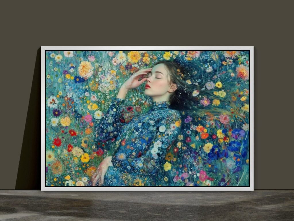 Femme endormie aux fleurs, tableau de femme coloré inspiré de Claude Monet et John Singer Sargent