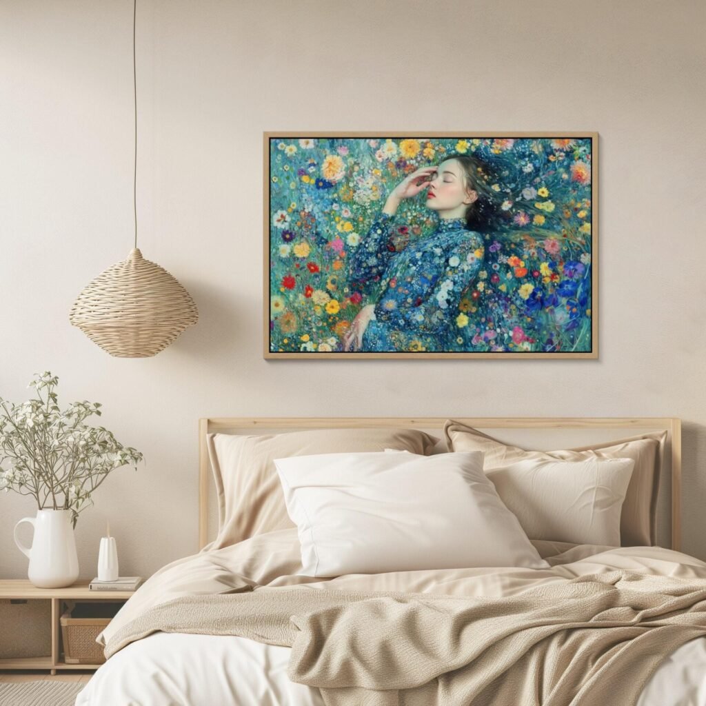 Femme endormie aux fleurs, tableau de femme coloré inspiré de Claude Monet et John Singer Sargent