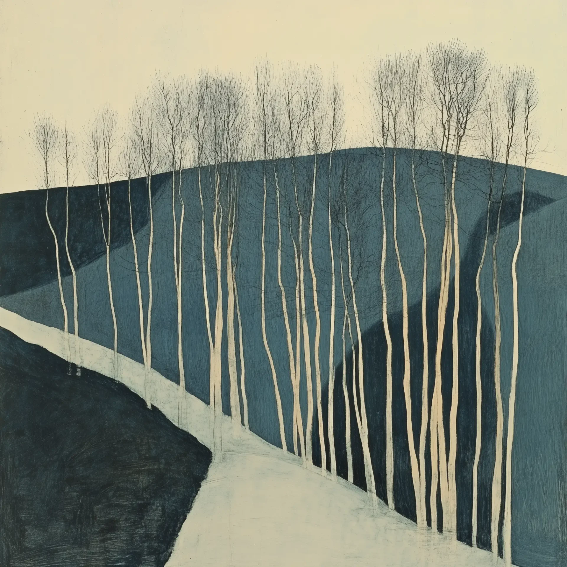 Arbres en hiver, paysage d'hiver mélancolique inspiré de Nicolas de Staël et Zao Wou-Ki