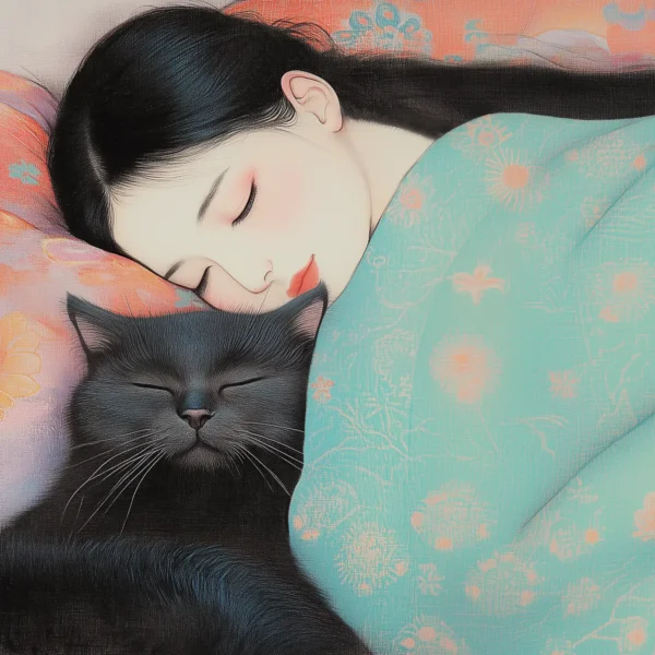 Chat lové, tableau chambre enfant inspiré de Hayao Miyazaki et Kitagawa Utamaro