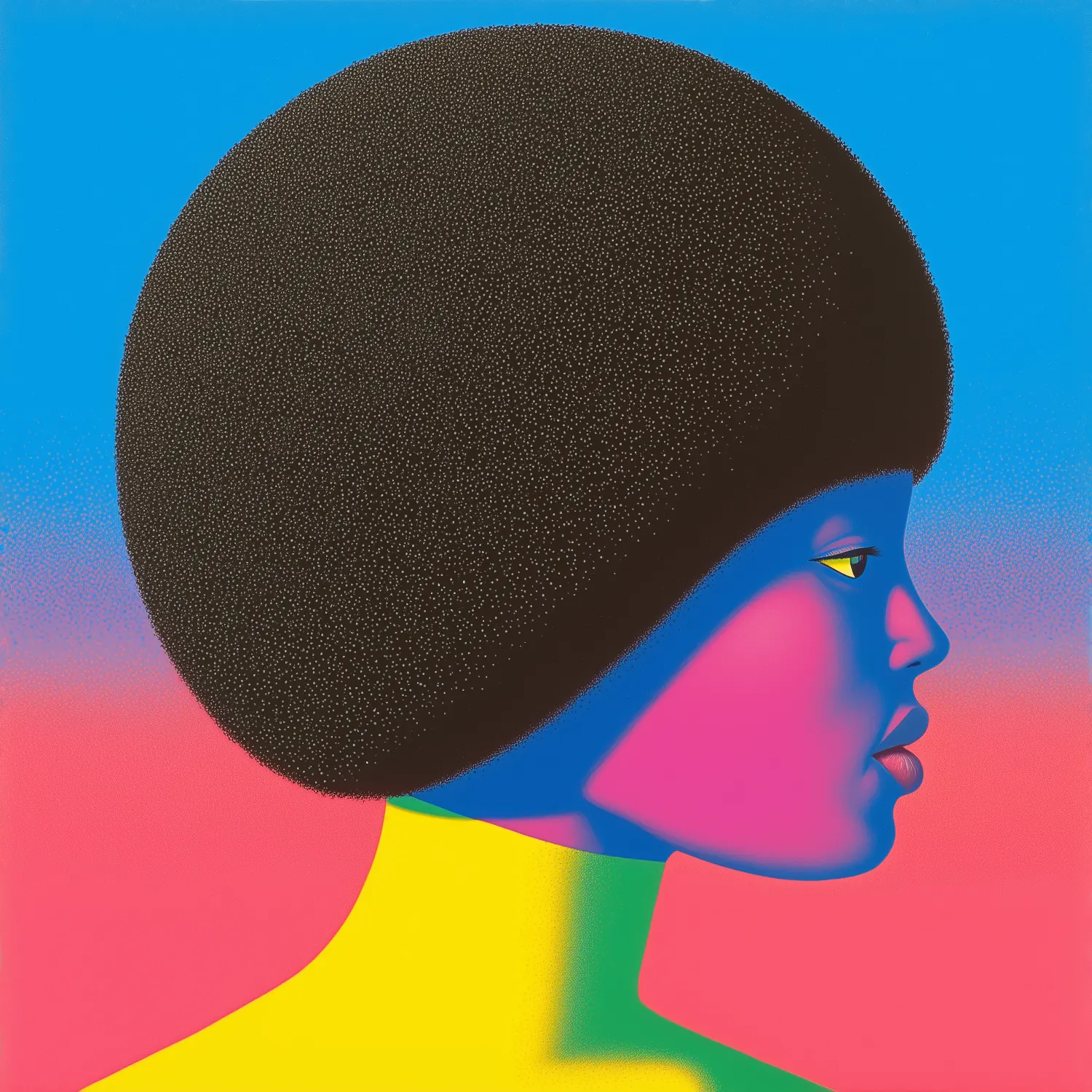 Femme bleu et rose, portrait de femme rose, bleu et jaune inspiré de Alex Katz et Sonia Delaunay