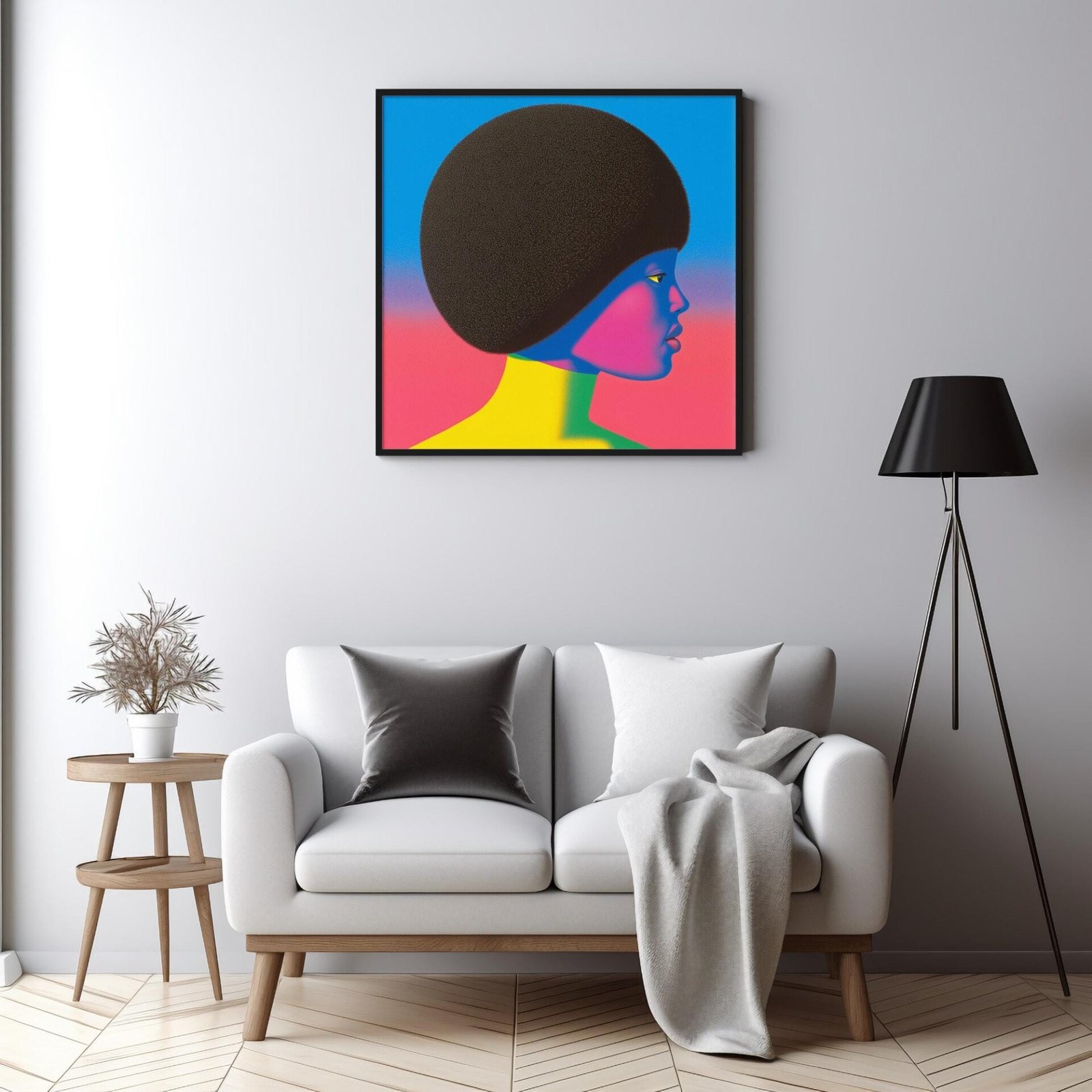 Femme bleu et rose, portrait de femme rose, bleu et jaune inspiré de Alex Katz et Sonia Delaunay