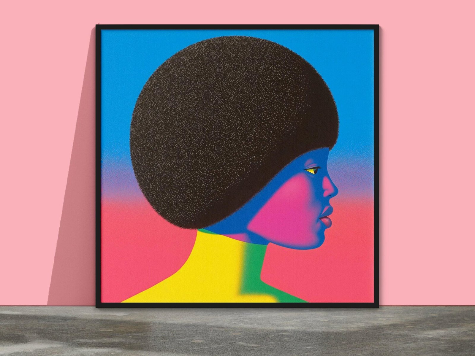 Femme bleu et rose, portrait de femme rose, bleu et jaune inspiré de Alex Katz et Sonia Delaunay