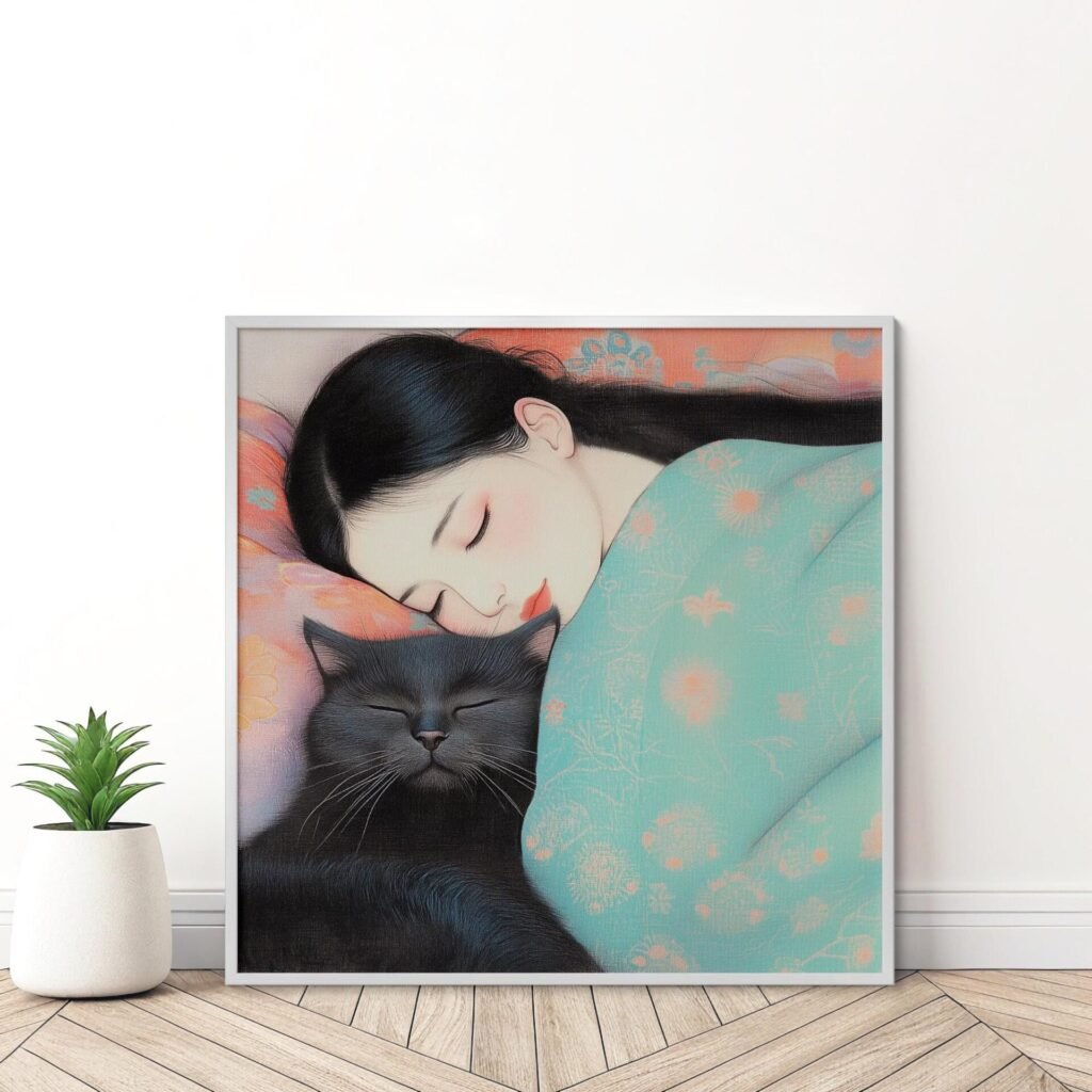 Chat lové, tableau chambre enfant inspiré de Hayao Miyazaki et Kitagawa Utamaro