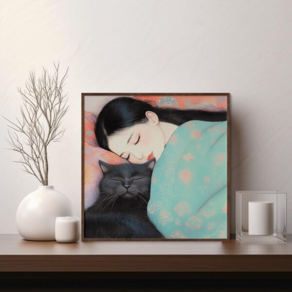 Chat lové, tableau chambre enfant inspiré de Hayao Miyazaki et Kitagawa Utamaro