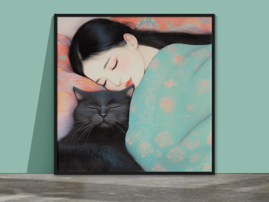 Chat lové, tableau chambre enfant inspiré de Hayao Miyazaki et Kitagawa Utamaro