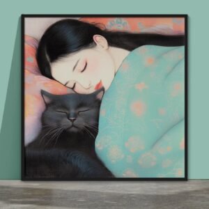 Chat lové, tableau chambre enfant inspiré de Hayao Miyazaki et Kitagawa Utamaro