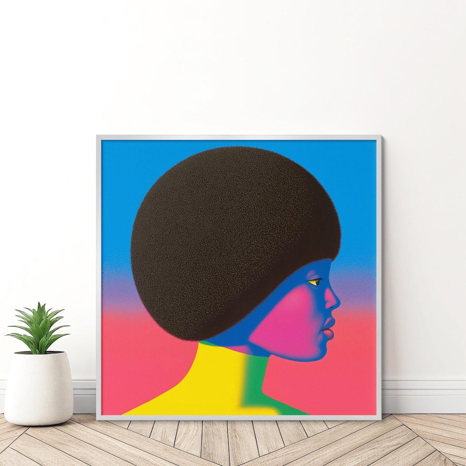 Femme bleu et rose, portrait de femme rose, bleu et jaune inspiré de Alex Katz et Sonia Delaunay