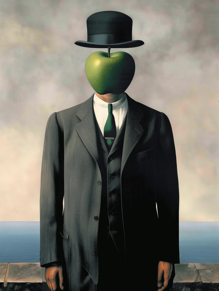 Homme Pomme, portrait surréaliste inspiré de René Magritte et Salvador Dali