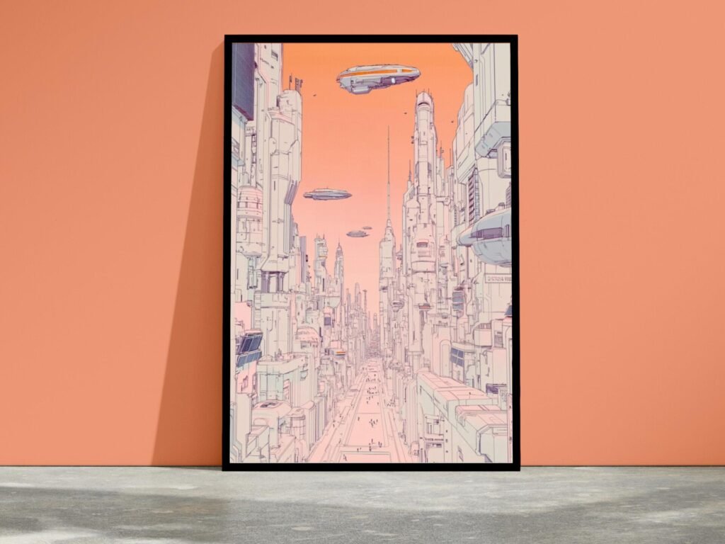 La ville rose, dessin de ville futuriste inspiré de Moebius et Syd Mead