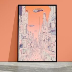 La ville rose, dessin de ville futuriste inspiré de Moebius et Syd Mead