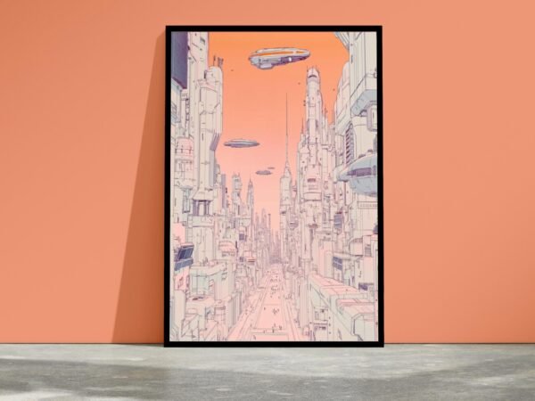 La ville rose, dessin de ville futuriste inspiré de Moebius et Syd Mead