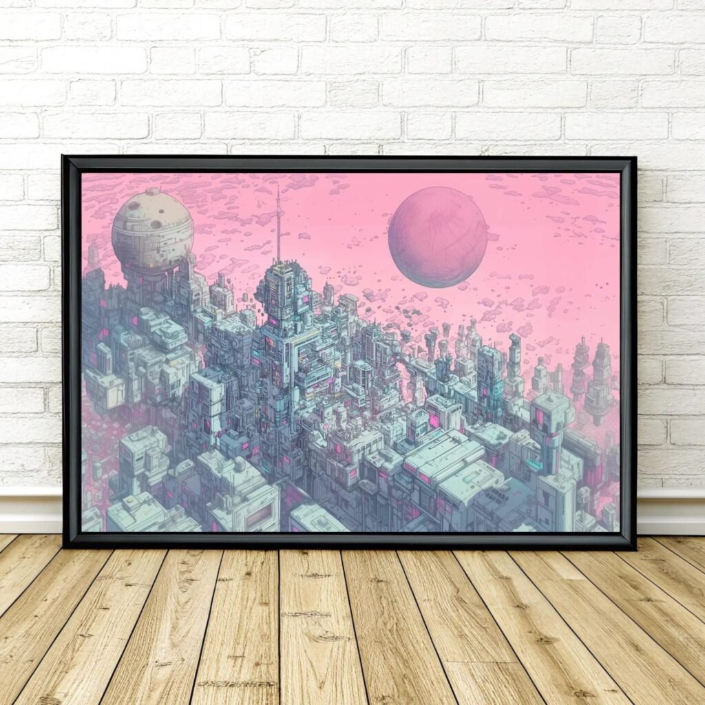 La lune rose, illustration cyberpunk inspiré de Moebius et Syd Mead