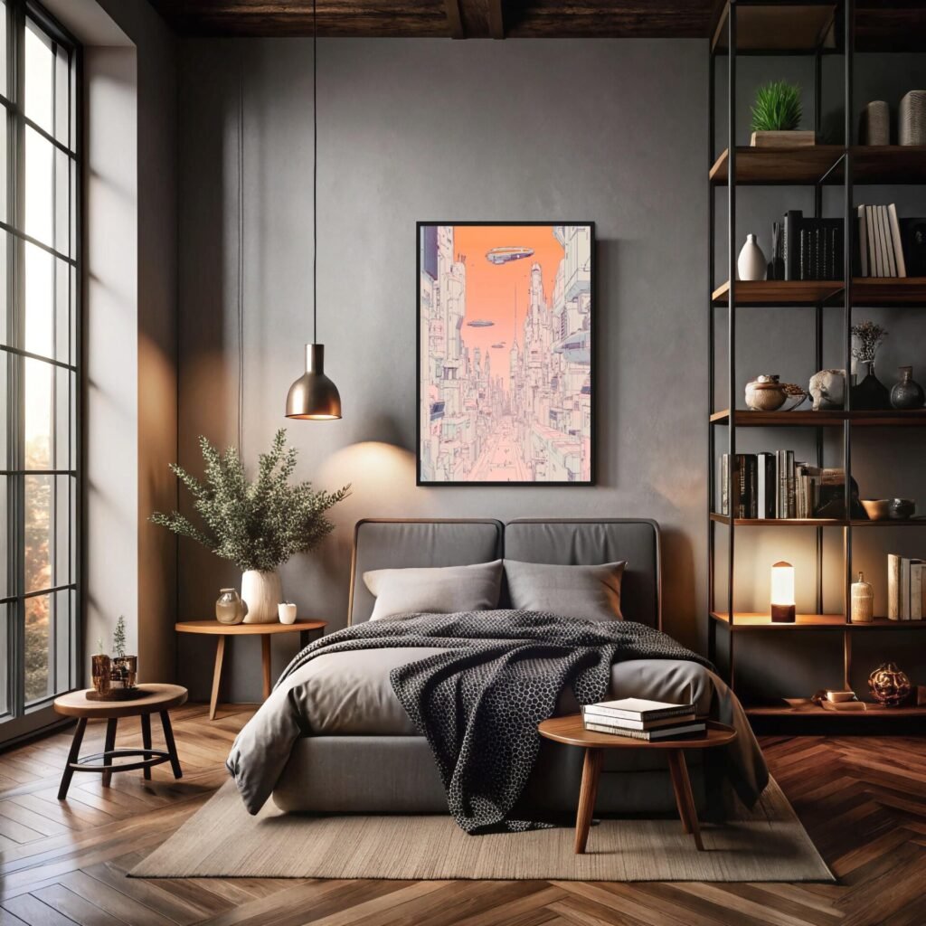 La ville rose, dessin de ville futuriste inspiré de Moebius et Syd Mead