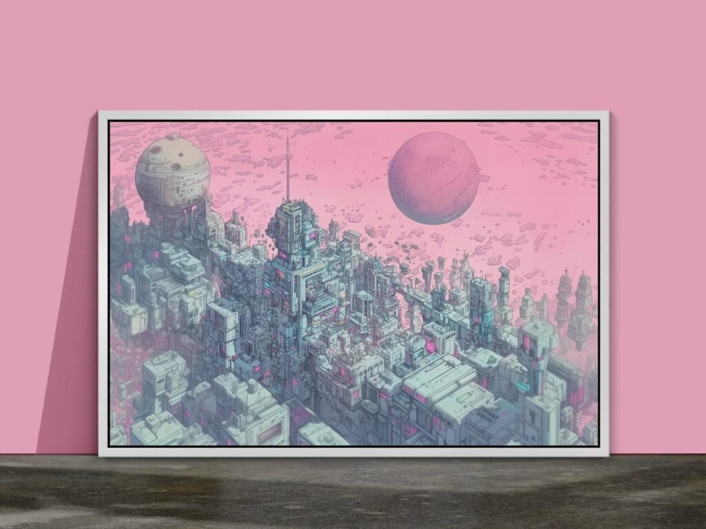 La lune rose, illustration cyberpunk inspiré de Moebius et Syd Mead