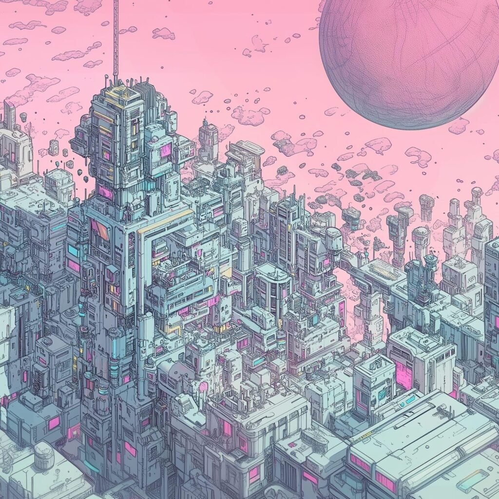 La lune rose, illustration cyberpunk inspiré de Moebius et Syd Mead
