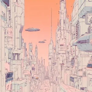 La ville rose, dessin de ville futuriste inspiré de Moebius et Syd Mead