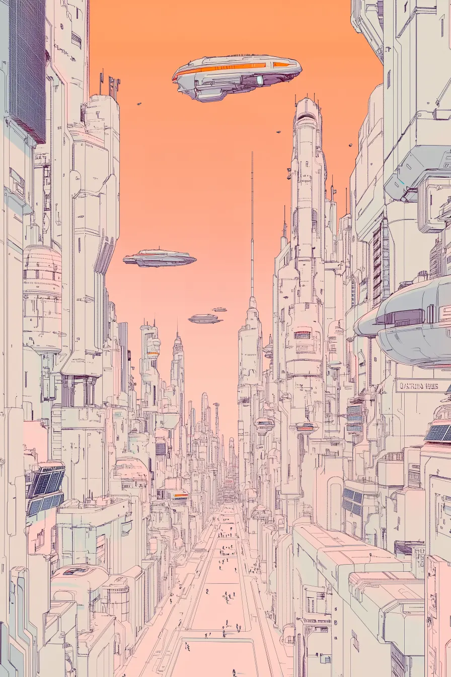 La ville rose, dessin de ville futuriste inspiré de Moebius et Syd Mead