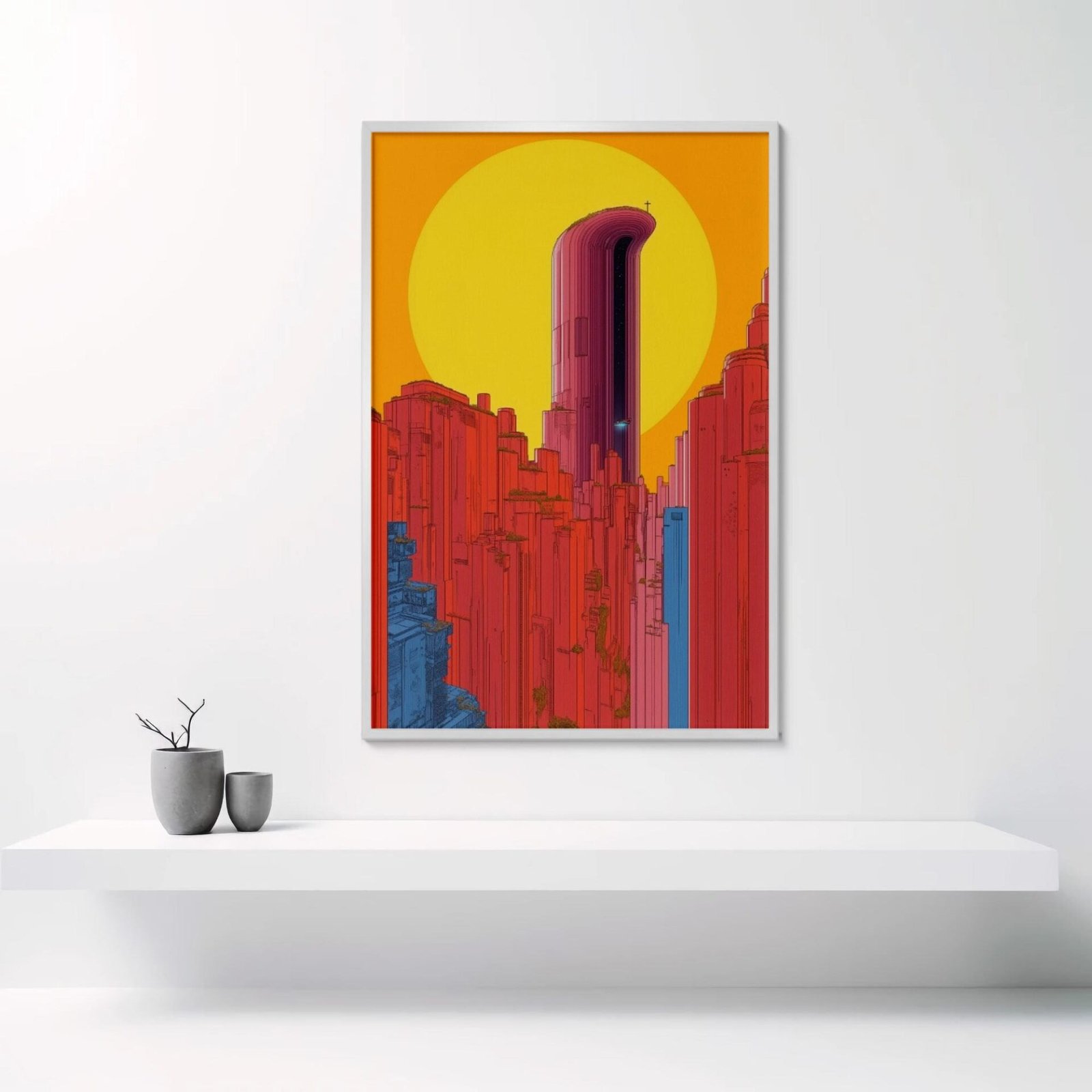 La cité rouge, ville futuriste jaune et rouge inspiré de Moebius et Hugh Ferriss